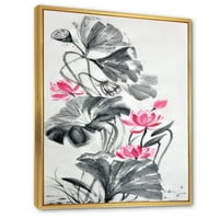 Дизайнарт 'розов Реколта лотос и монохромни листа' традиционна рамка платно стена арт принт