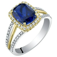 3. КТ възглавница нарязани създаде син сапфир ореол пръстен с лабораторни отглеждат диаманти в 14к два тона