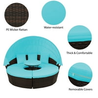 Аукфа вътрешен двор мебели кръг Открит ратан легло шезлонг с прибиращ се балдахин, отделни места за сядане и подвижна възглавница, синьо