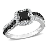 Миабела Дамски 1-Каратов Т. У. принцеса Рязан черен и бял диамант 14 карата Бяло Злато годежен пръстен