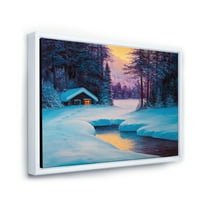 Дизайнарт 'Стара кабина в зимна гора във вечерно сияние' традиционна рамка платно за стена арт принт